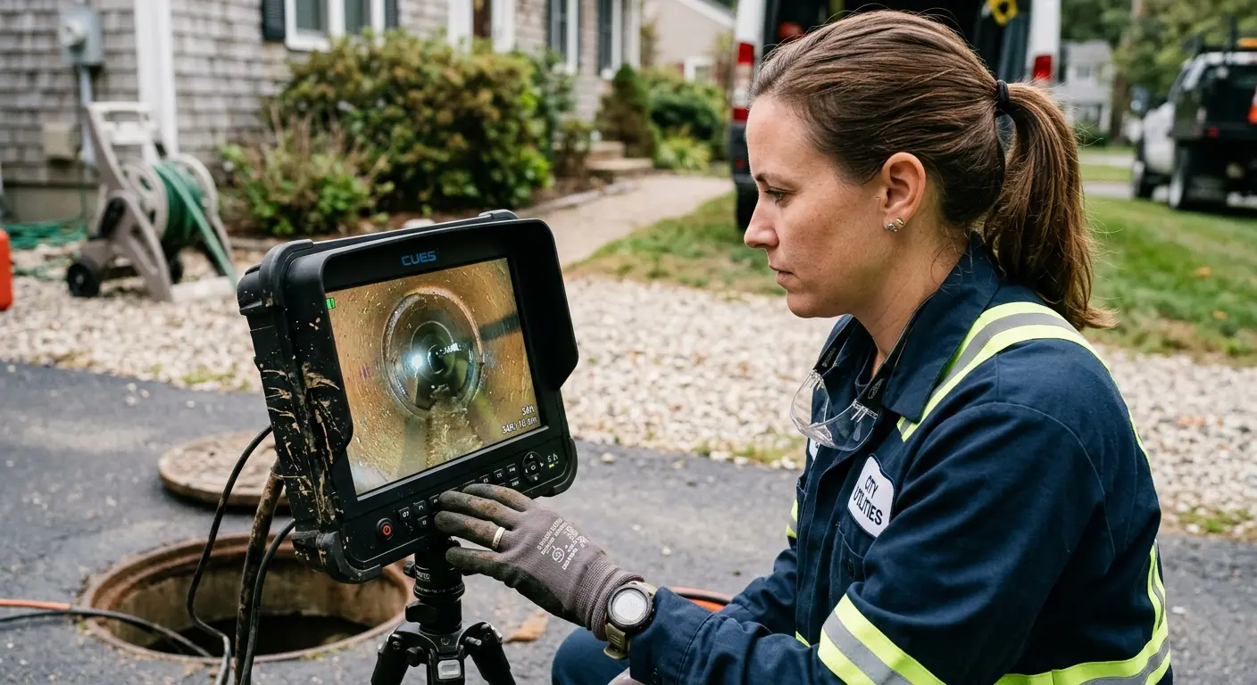 Technician reviewing sewer camera inspection footage in Millville