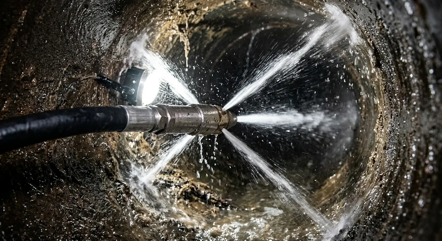 High-pressure hydro jetting nozzle cleaning sewer pipe for Trenchless Sewer Repair in Millville