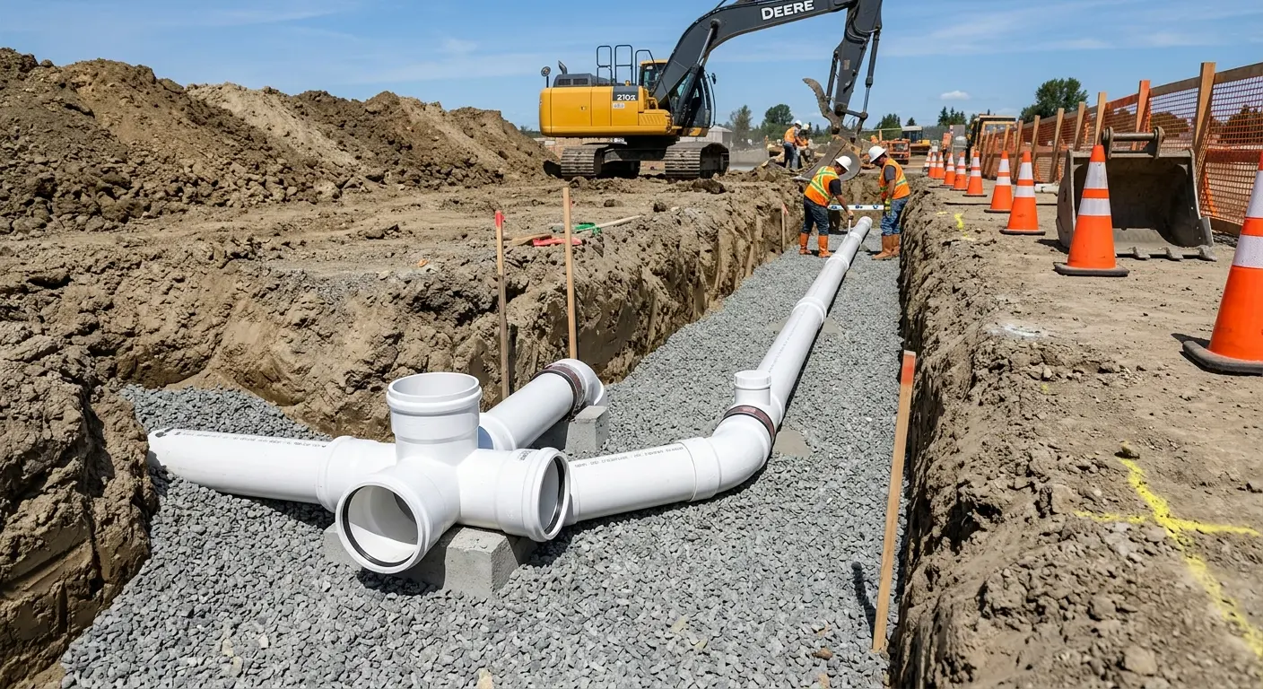 New PVC sewer pipe installation in open trench for Commercial Drain Cleaning in Millville